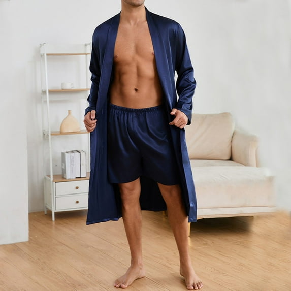 Men Pajama Set Man Solid-Color Simulation-Silk Home Tie Robe Shorts Pajama Sets Pjs for Men Set Men Pjs Sets on Sale Sleepwear for Men Lightweight Summer Pajamas