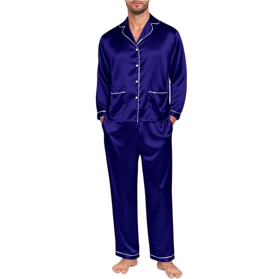 Men Pajama Set Men Satin Pajamas Long Sleeve Sleepwear Button Down Loungewear 2 Pcs Pj Set