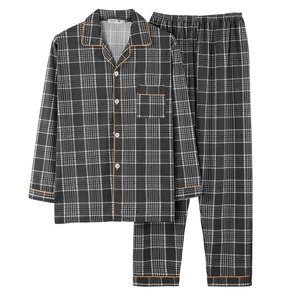 Men Pajama Set Trendy Plaid V Neck Button Long Sleeve Pants Home Suit Plus Size Men's Sleepwear