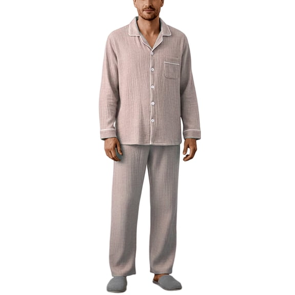 Men Pajama Set Trendy Woven Crepe Collar Long Sleeve And Pants Soft Set Christmas Pjs