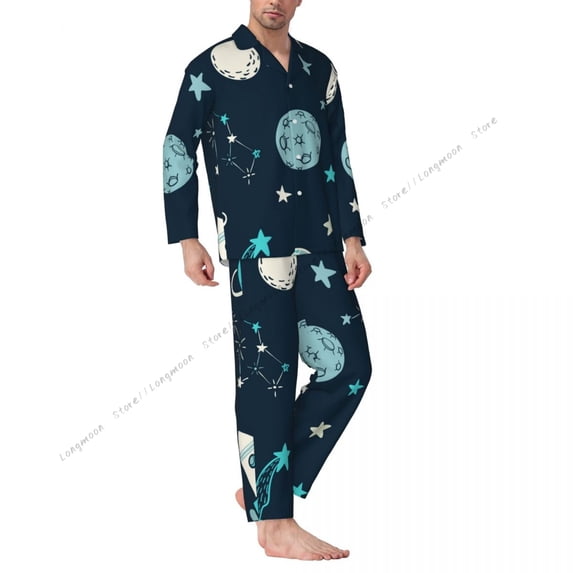 Men Pajama Sets Space Alien Spaceship And Rocket Planets Stars Sleepwear Long Sleeve Nightwear Male Homewear