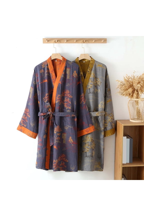 Men Pajamas Double Gauze Traditional Hanfu Midi length Nightdress Tie Belt Bathrobe Loose Nightgown Grey XL