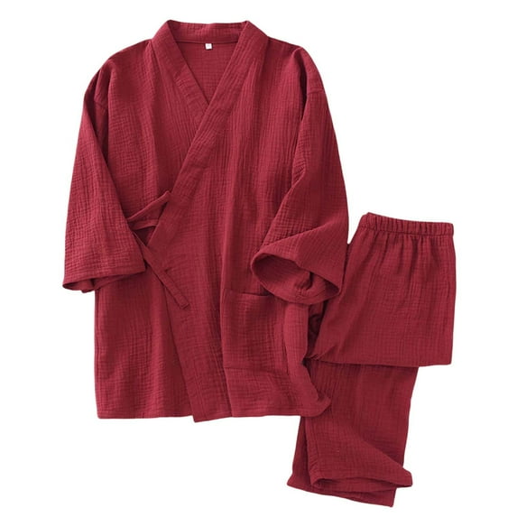 Men Pajamas Men's Japanese Kimono Pajamas Spring And Fall Washed Crepe Loungewear Set Loose Fitting Red M