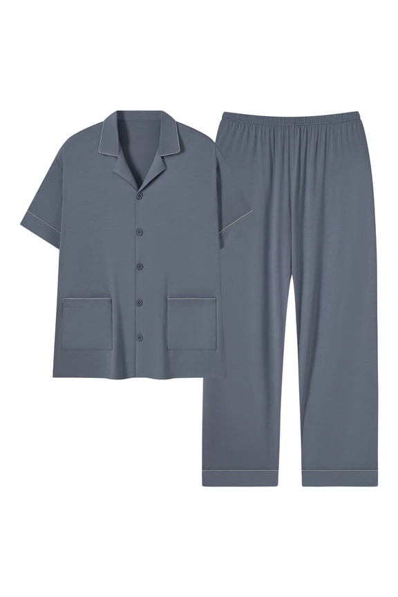 Men Pajamas Set Two Pieces Short Sleeve Sleepwear Button Down Loungewear Set Soft Modal Pj Set with Pockets Big and Tall Size L-4XL Gray