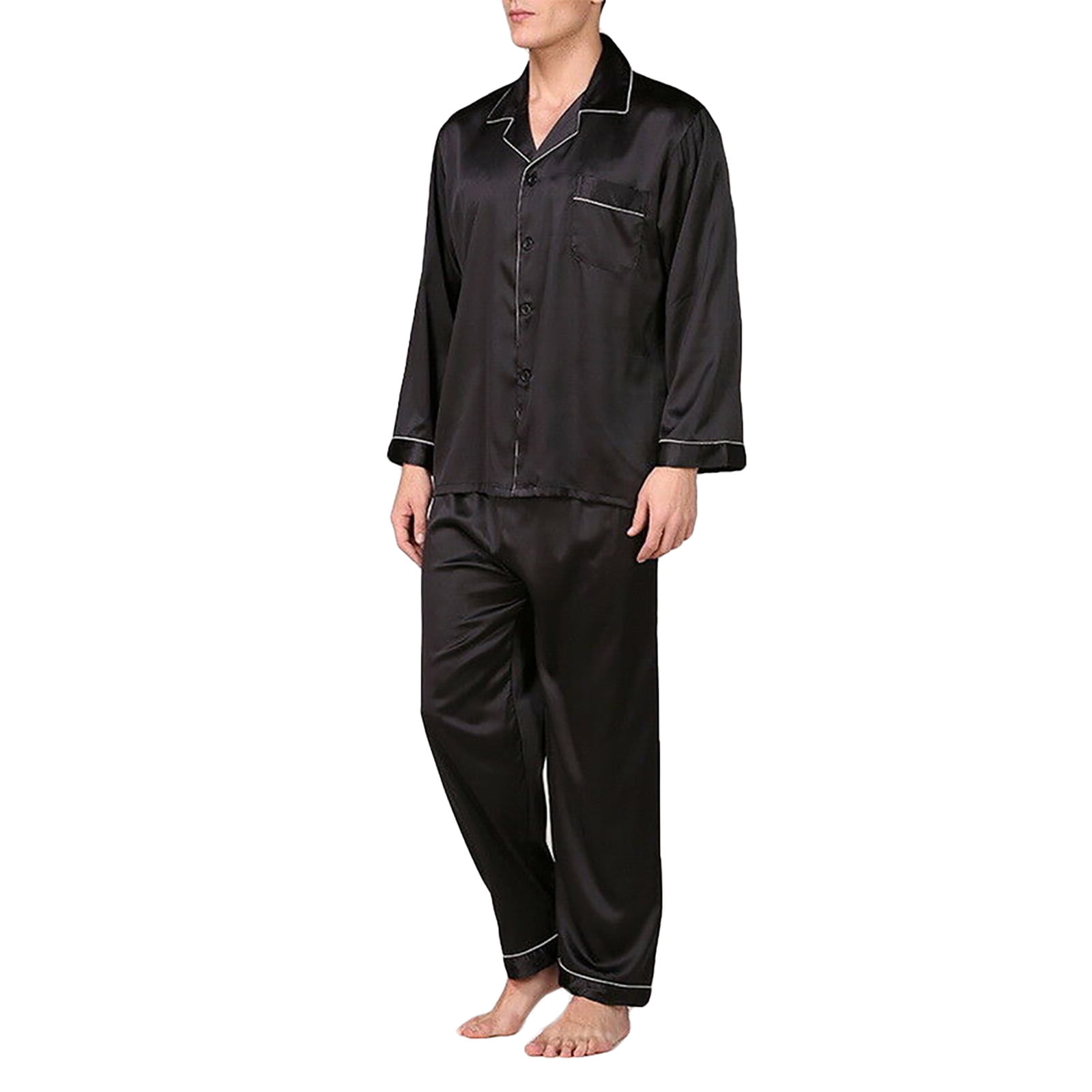 Men Pajamas Silk Satin Nightwear Turn-Down Collar Long Sleeve Tops Long ...