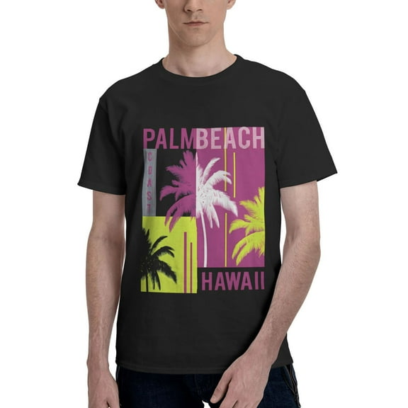 Men Palm Beach Hawaiian T-Shirt Premium 100% Cotton Short Sleeve T Shirt Crew Neck Casual Tee Shirt
