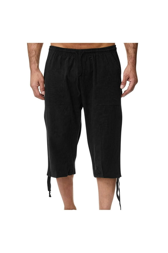 Men Pants Casual Beach Cotton Linen Short Trousers Running Workout Tapered Joggers Stylish Elastic Drawstring Capris