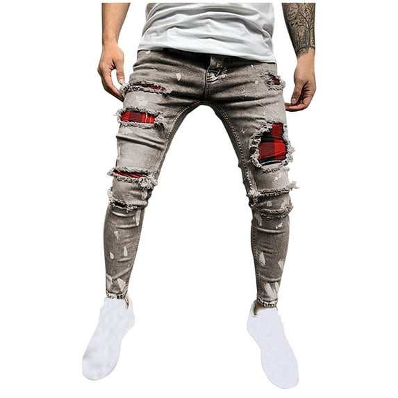 Men Pants Casual Straight Ripped Hole Trousers Jeans Pants Full Length Pants Sweatpants for Men Gray L