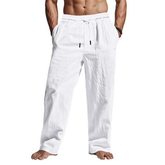 Men PantsMen's Cotton Linen Pants Summer Thin Style Casual Straight Leg Tie String Drawstring Long Pants with Pockets Sizes S-3XL