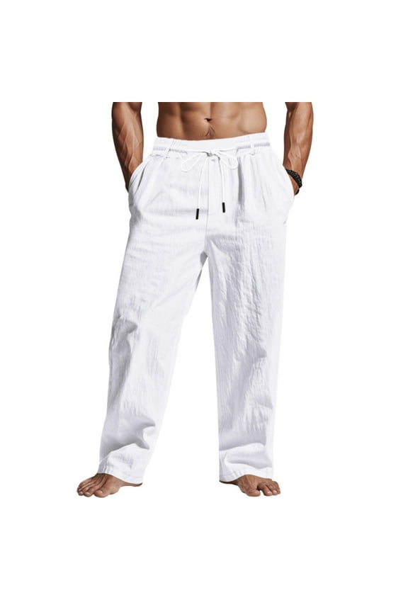 Men PantsMen's Cotton Linen Pants Summer Thin Style Casual Straight Leg Tie String Drawstring Long Pants with Pockets Sizes S-3XL