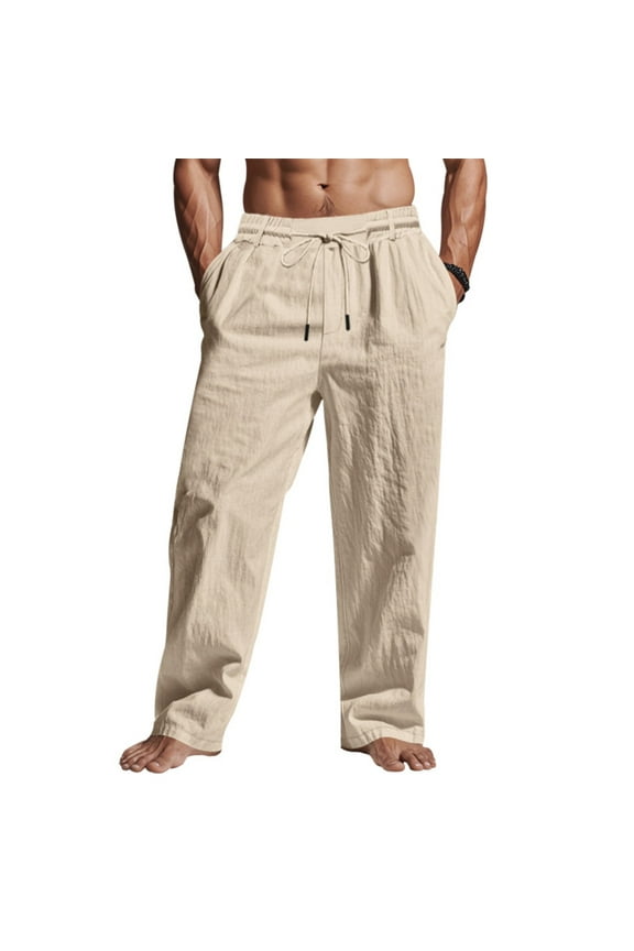 Men Pants Men's Cotton Linen Pants Summer Thin Style Casual Straight Leg Tie String Drawstring Long Pants with Pockets Sizes S-3XL