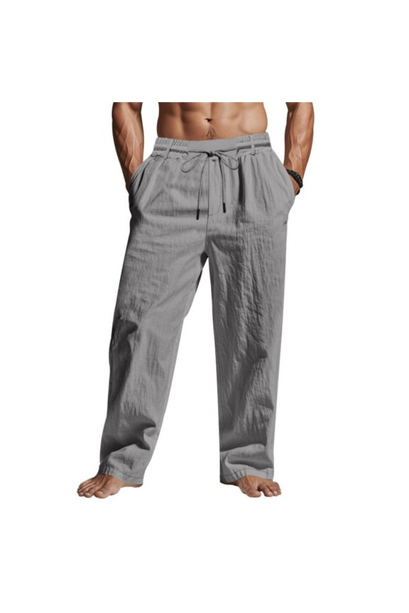 Men PantsMen's Cotton Linen Pants Summer Thin Style Casual Straight Leg Tie String Drawstring Long Pants with Pockets Sizes S-3XL