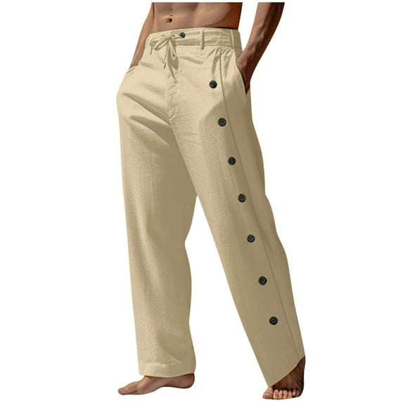 Men Pants Cotton And Linen Elastic Waist Blended Breathable Comfortable Soft Beach Casual Trousers Full Length Pants Pantalones Para Hombre Khaki 2XL