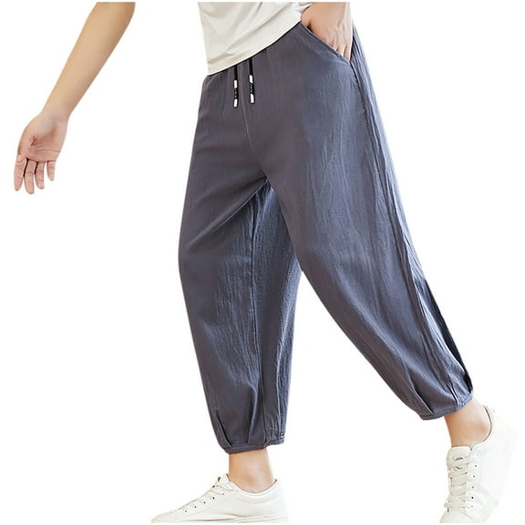 Men Pants Cotton Linen Summer Casual Pants Mens Wide Leg Baggy Trousers Stylish School Clothing Elastic Drawstring