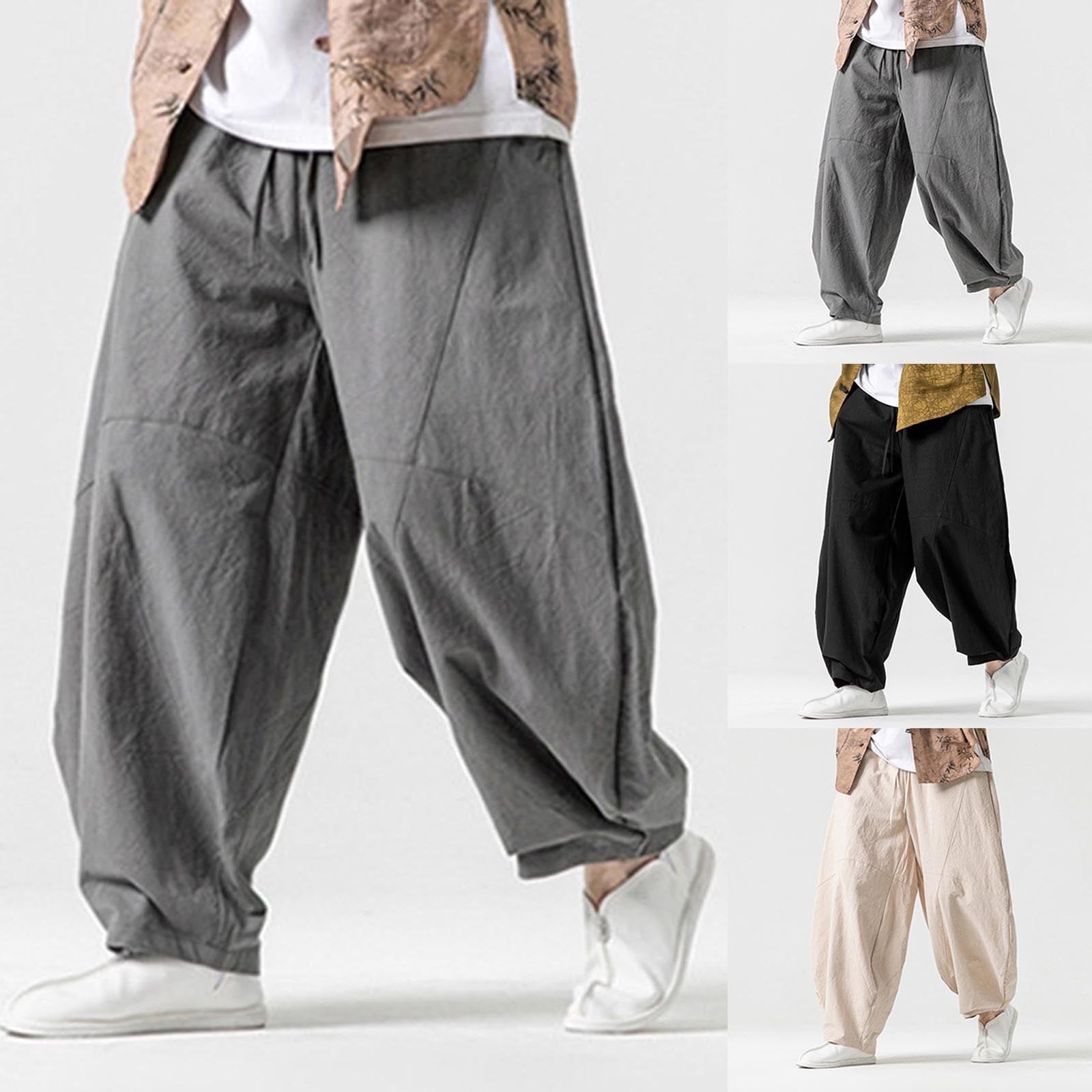 Men Pants Dqueduo Man Solid-Color Loose Casual Pocket Drawstring