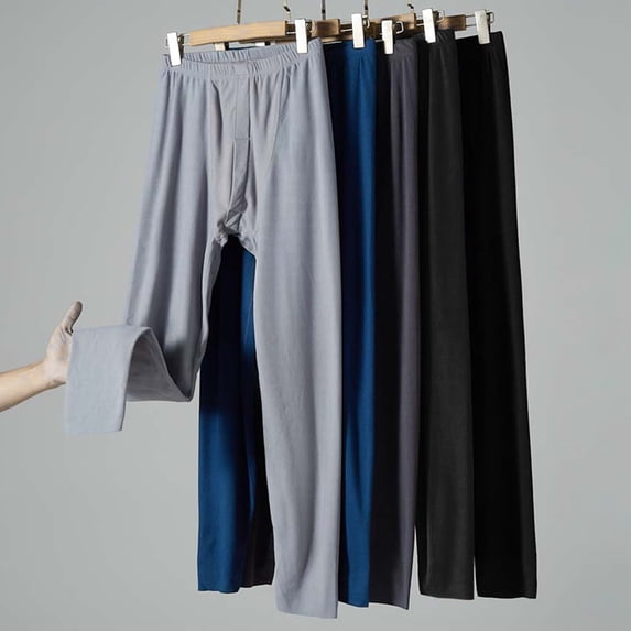 Men Pants Elastic Waist Double-Sided Brushed Thermal Insulation Long Johns Solid Color Mountaineering Vacation Travel Work School Bottoming Trousers