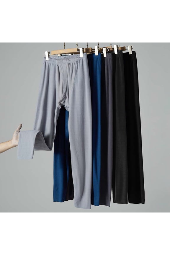 Men Pants Elastic Waist Double-Sided Brushed Thermal Insulation Long Johns Solid Color Mountaineering Vacation Travel Work School Bottoming Trousers