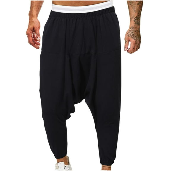 Men Pants Fashion Drawstring Elastic Waist Solid Color Casual Retro Nationality Length Dropped Pants Casual Pants for Men Black L