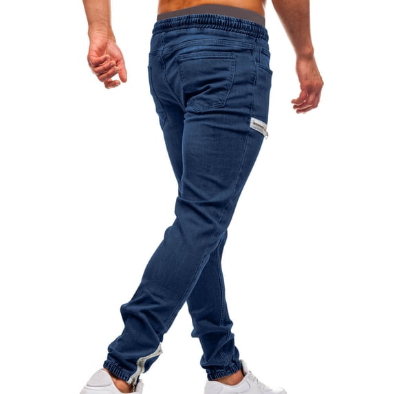 Men Pants Fashion Solid Color Waist Multi-Pocket Zipper Casual Length Pants Regular Straight Pant Blue XL