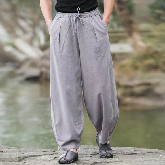 Men Pants Men's Harem Linen Pants Drawstring Casual Loose Cotton Trousers Wide Leg Lightweight Yoga Workout Beach Summer Pants