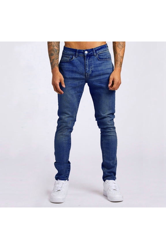Men Pants Slim Fit Stretch Ruched Jeans Straight Leg Comfort Flex Waist Jeans for Men Dark Blue 28