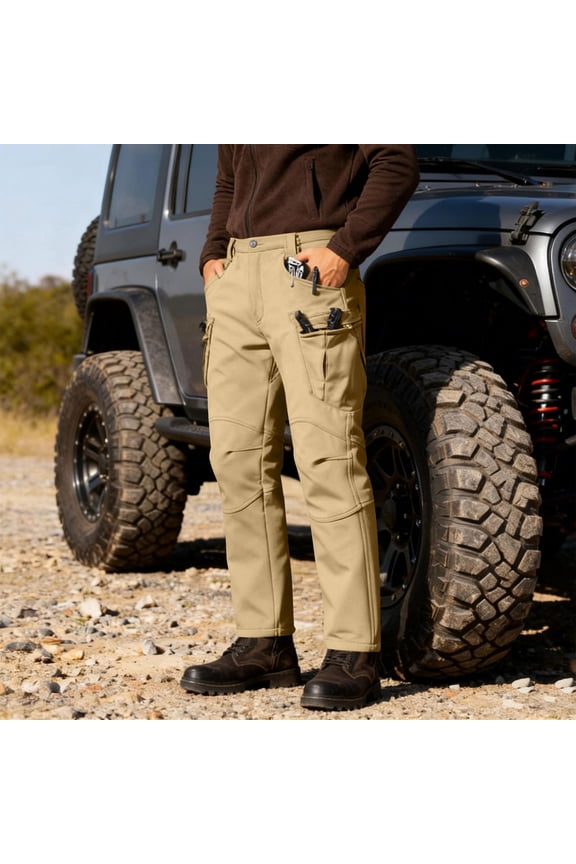 Men Pants, Solid Color Cargo Pants With Warm Lining, Designed For Climbing And Casual Wear, Featuring Multiple Pockets And An Elastic Drawstring Waist. 2026 Spring Summer Limited-time offer