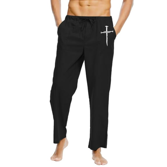 Hfolob Men Pants Spring Summer Pant Casual Workout Jogging Running Solid Color Cross Printed Cotton Linen Loose Plus Size Trouser Fashion Beach Pockets Pant Outdoor Apparel