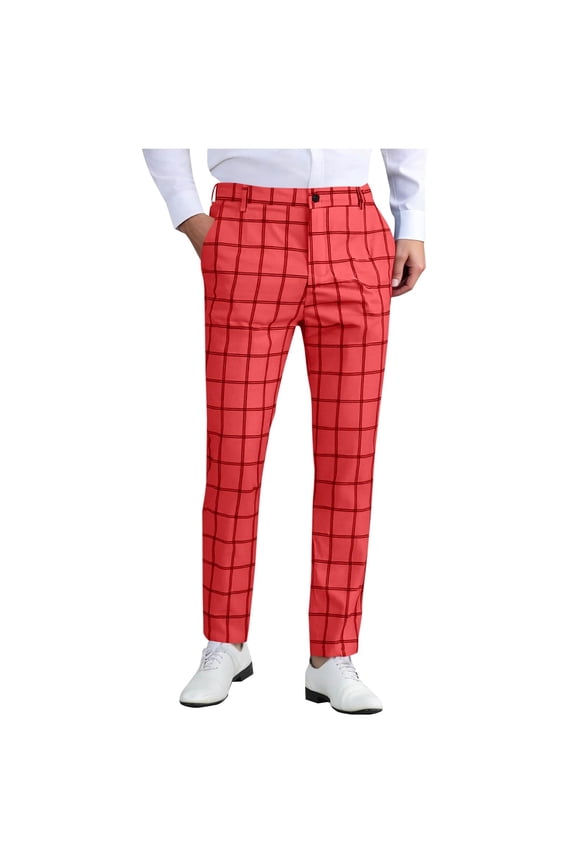 Men Pants Under 10 Dollars Slacks for Men Straight Fit Checked Printed Comfy Golf Trousers Mens Business Casual Dressy Pants Regular Red L