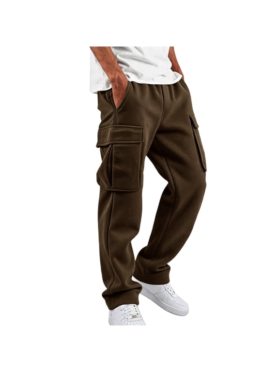 Men Patch Pocket Wide Leg Cargo Pants Elastic Drawstring Waist Fabric Loose Straight Relax Fit Breathable Street Casual Daily Commuting Long Trousers Brown M