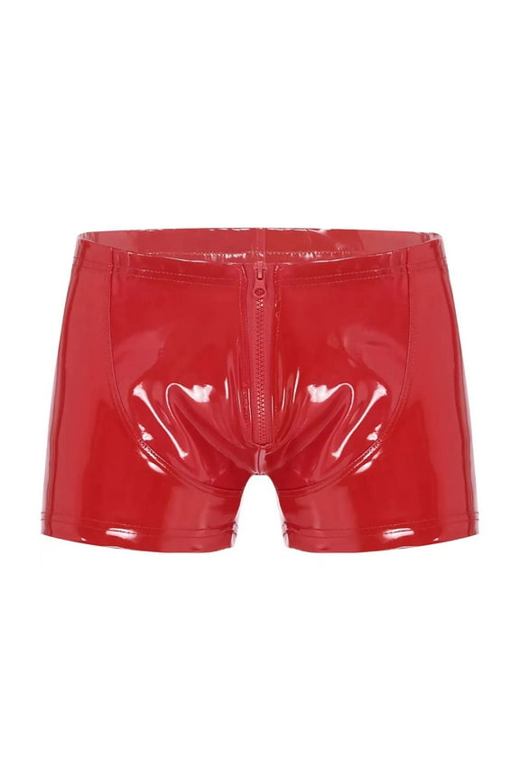 Men Patent Leather Boxer Shorts – High Shine PU Athletic Shorts With Mirror Gloss Finish And Sculpted Fit, Sexy Nightclub Party Style Sport Bottoms For Stage Performance Fashion Event