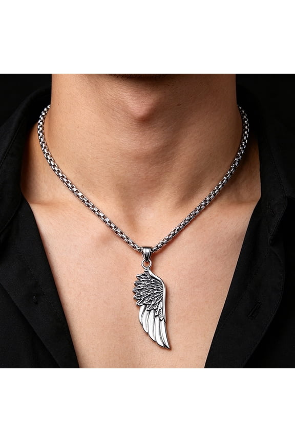 Men Pendant Necklaces, Gothic Vintage Angel Wings Feather Pendant 14K White Gold Necklaces. Man Jewely