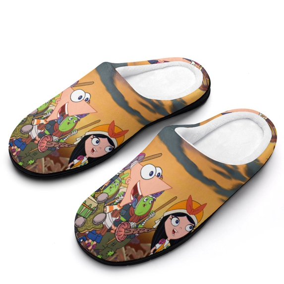Men Phineas And Ferb Slippers Non-Slip Fuzzy House Slippers Warm Soft Plush Winter House Shoes Indoor Outdoor Slip-On Shoes