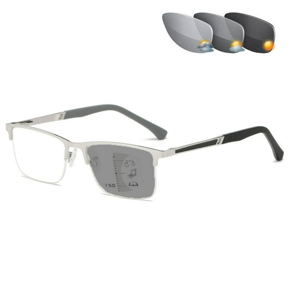 Men Photochromic Gray Business Reading Glasses 1.50, Silver Metal Spring Hinge Progressive Readers +1.50 Strength