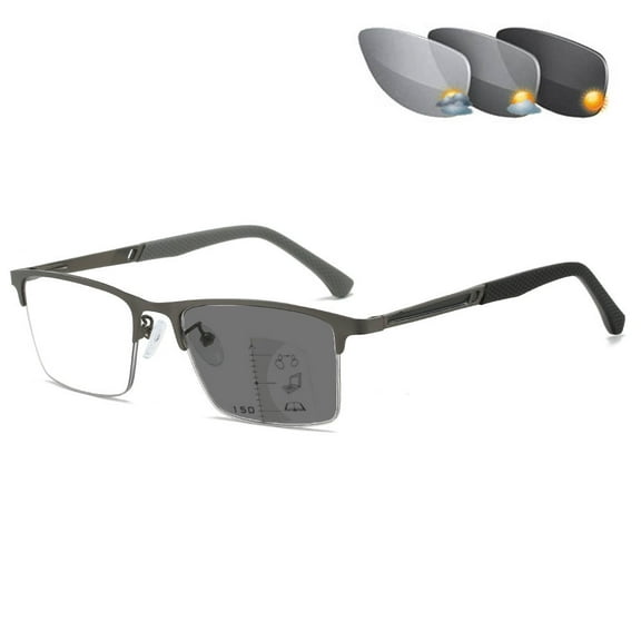 Men Photochromic Gray Business Reading Glasses 2.00, Gunmetal Metal Spring Hinge Progressive Readers +2.00 Strength