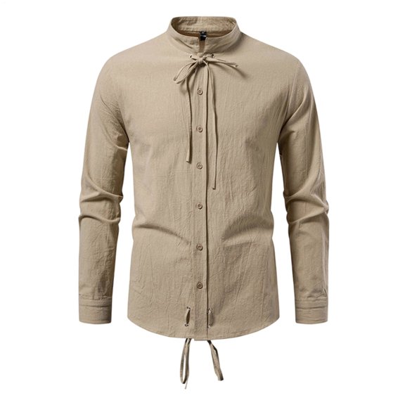 Men Pirate Shirt Lace Up Retro Medieval Pirate Button up Stand Collar Long Sleeve Shirts for Work Travel
