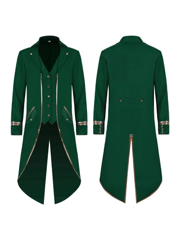 Men Pirate Steampunk Tailcoat Vintage Victorian Jacket, Integrated Vest and Tailcoat 2-In Design, Classic Lapel Long Swallowtail Cut, Retro Victorian Steampunk Silhouette Green L