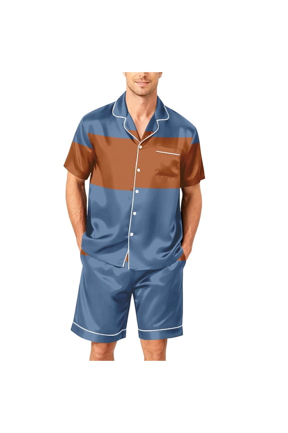 Men Pj Mens Short Pajamas Set Button Up Pajamas Men's Pajama Sets Pjs for Men Mens Pajamas Set Plaid Sleepwear Short Sleeve Button Down Pjs Set 2 Piece Loungewear Pockets, Orange, 2XL
