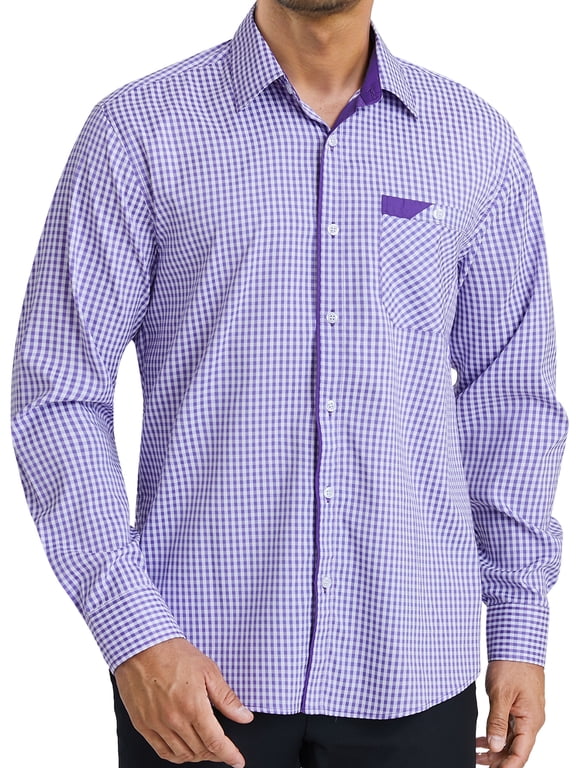 Men's Plaid Shirts Long Sleeve Button Down Shirts Regular Fit Work Shirt with Pocket Purple XL
