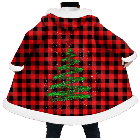 Men Plaid Christmas Tree Christmas Santa Cape With Hood Open Front Cardigan Mens Trench Coat Red L
