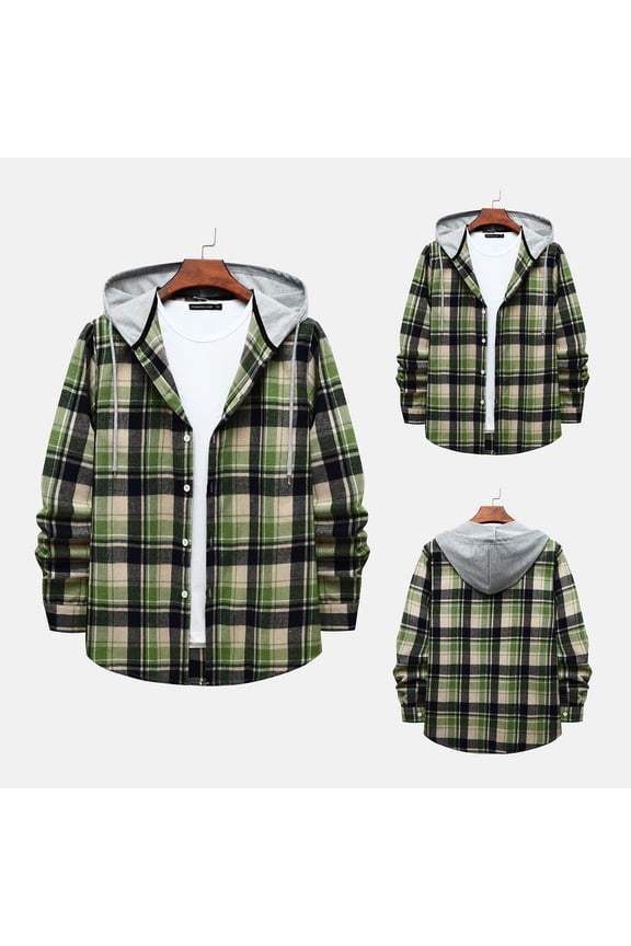 Men Plaid Flannel Hoodie Jacket Long Sleeve Casual Button Up Quilted Buffalo Thermal Shacket Shirt Winter Spring Lightweight Shirts Outwear Tops
