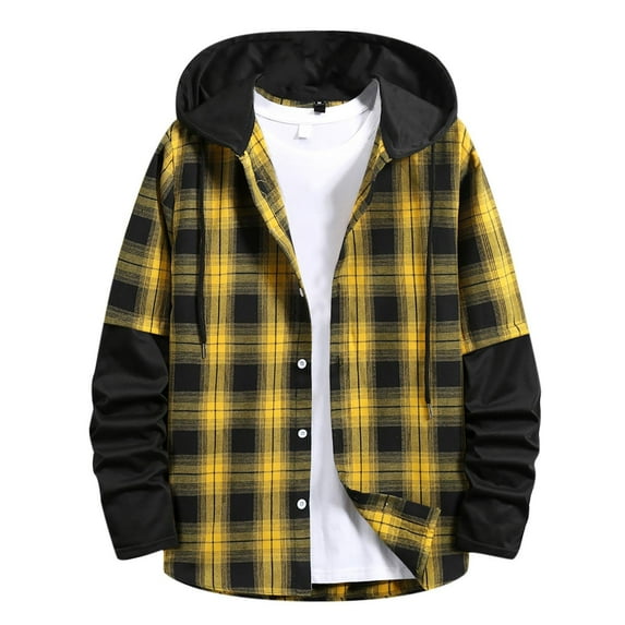 Men Plaid Flannel Hoodie Jacket Long Sleeve Casual Button Up Quilted Buffalo Thermal Sweatshirt Fall Winter Outwear