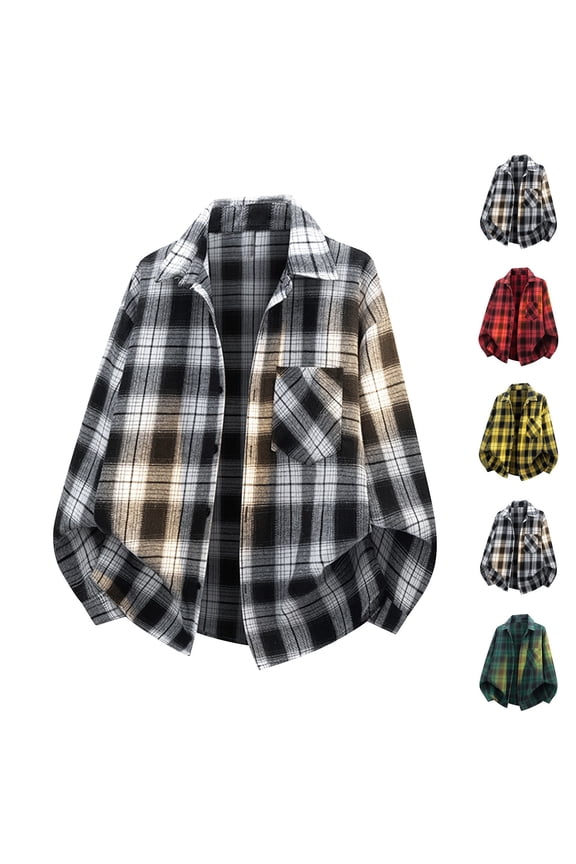Men Plaid Flannel Shirts Color Block Long Sleeve Button Up Shirt Jackets for Business Casual