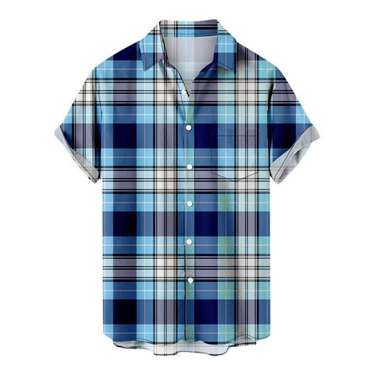 Men Plaid Hawaiian Shirts Casual Button Up Tshirt Loose Fit Lapel Short  Sleeve T Shirt Lightweight Beach Tee with Pocket 
