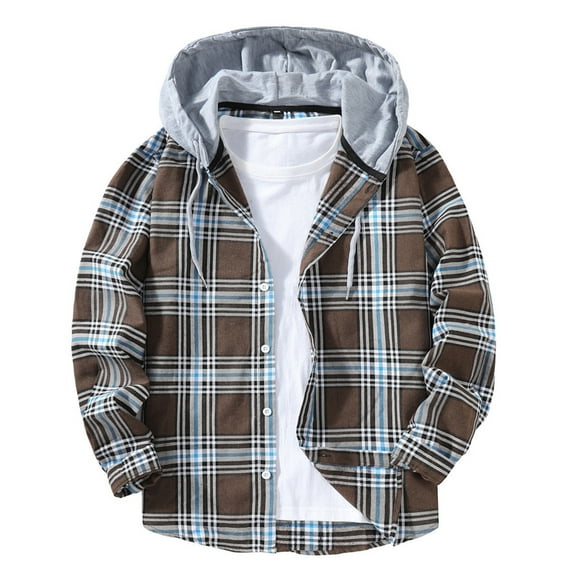 Men Plaid Hooded Shirt Jacket Long Sleeve Casual Top Outerwear Fashionable Streetwear Comfortable Pullover