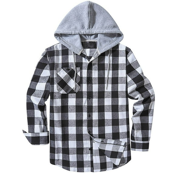 Men Plaid Long Sleeve Hooded Shirts Button Work Drawstring Casual Tops Cardigan