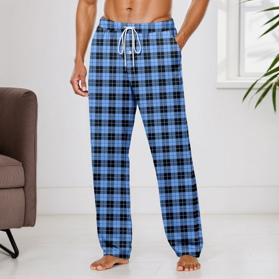 Men Plaid Pants Loose Stretch Pjs Bottoms With Drawstring Comfortable Soft Vacation Casual Pants Spring Lounge Lightweight Sleepwear With Pockets Blue XL
