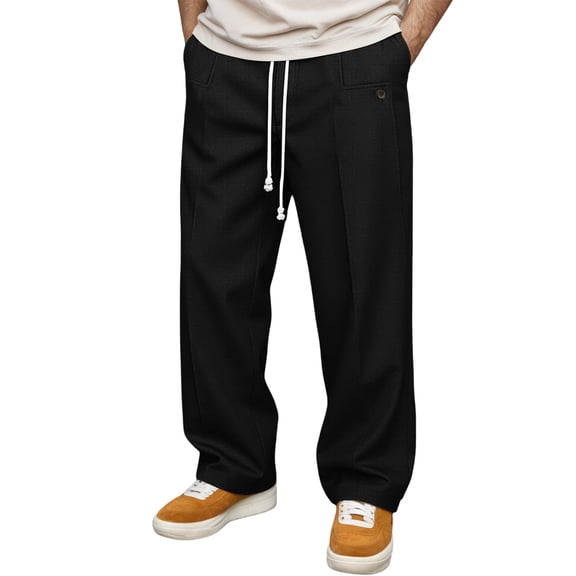 Men Pleated Pants Casual Comfortable Trousers Stretch Fit Activities Drawstring Black Pant
