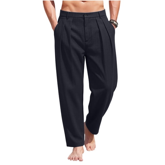 Men Pleated Wide‑Leg Linen Dress Pants, High Waist Loose Straight‑Cut Summer Trousers, Breathable Solid Color Casual Suit Pants
