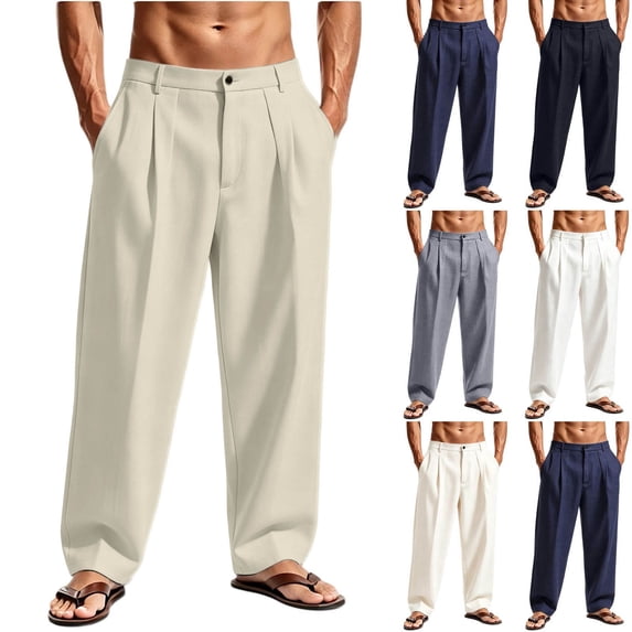 Men Pleated Wide‑Leg Linen Dress Pants, High Waist Loose Straight‑Cut Summer Trousers, Breathable Solid Color Casual Suit Pants