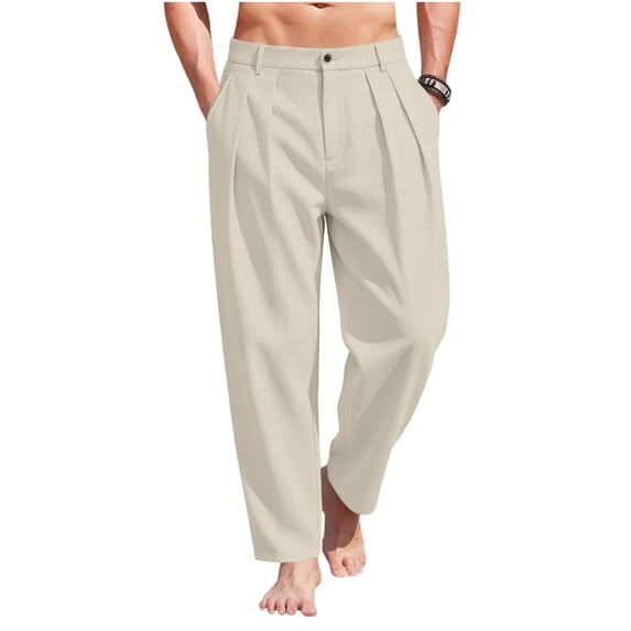 Men Pleated Wide‑Leg Linen Dress Pants, High Waist Loose Straight‑Cut Summer Trousers, Breathable Solid Color Casual Suit Pants